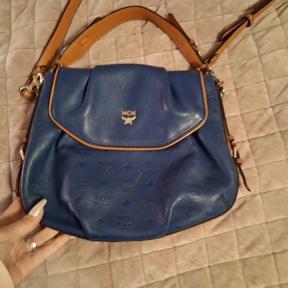 MCM Blue and Tan Crossbody Bag